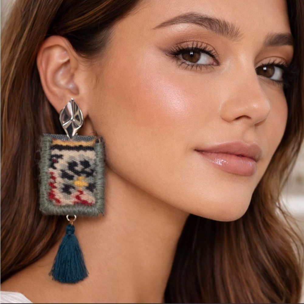 Bohemian Tapestry Earrings with Teal Tassel R9